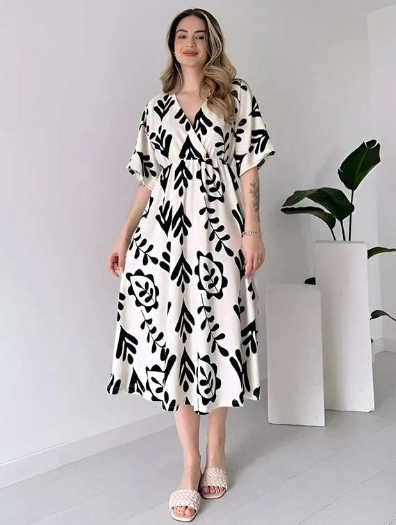 women printed short sleeve fit & flare dress - 22001263 -  Standard Image - 1