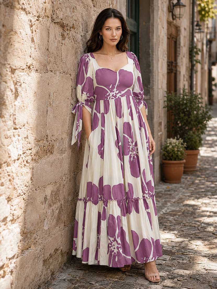 women floral print puff sleeve tiered dress