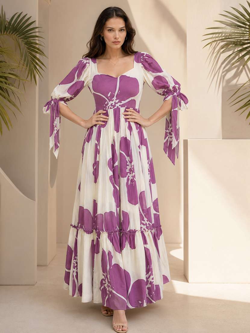 women floral print puff sleeve tiered dress - 22001268 -  Standard Image - 1