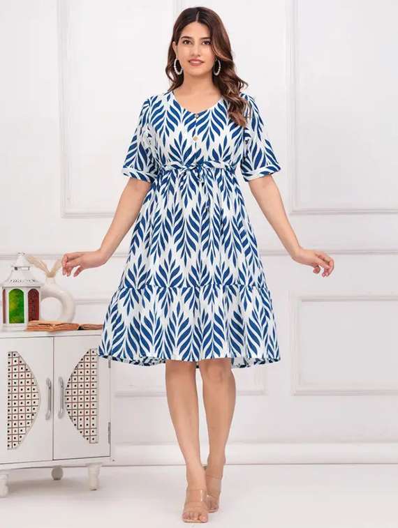 women printed puff sleeve tiered dress