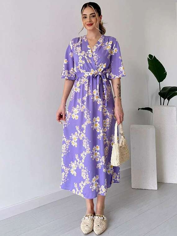 women lavender floral print a-line dress - 22001281 -  Standard Image - 1