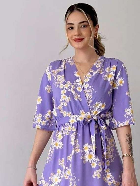 women lavender floral print a-line dress - 22001281 -  Standard Image - 4