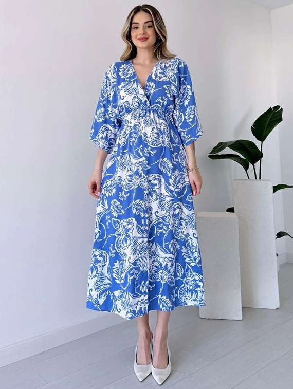 women light blue printed puff sleeve a-line dress