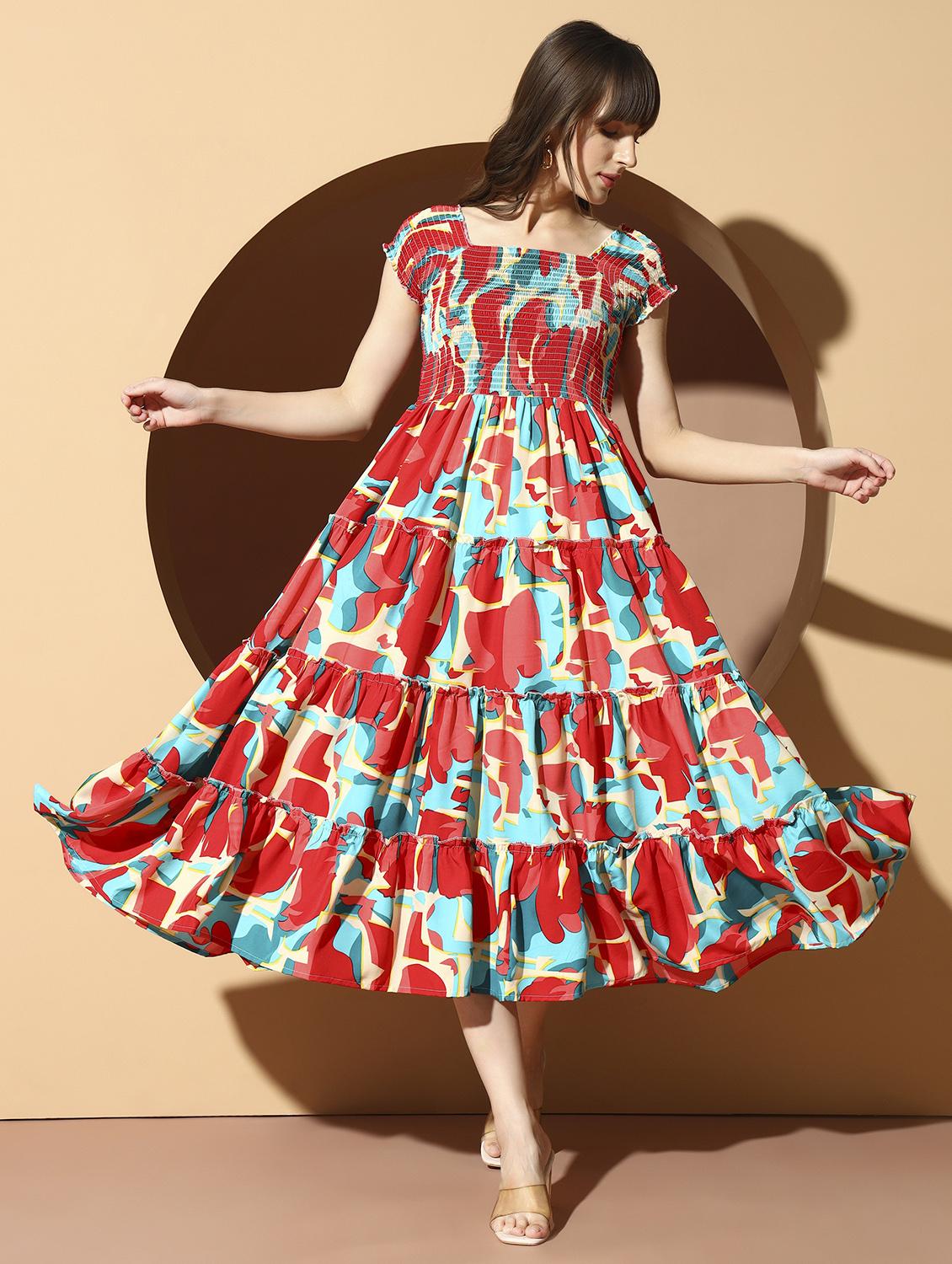 women floral print cap sleeve tiered dress - 22001284 -  Standard Image - 1