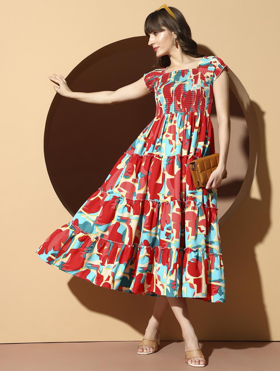 women floral print cap sleeve tiered dress - 22001284 - Standard Image - 4