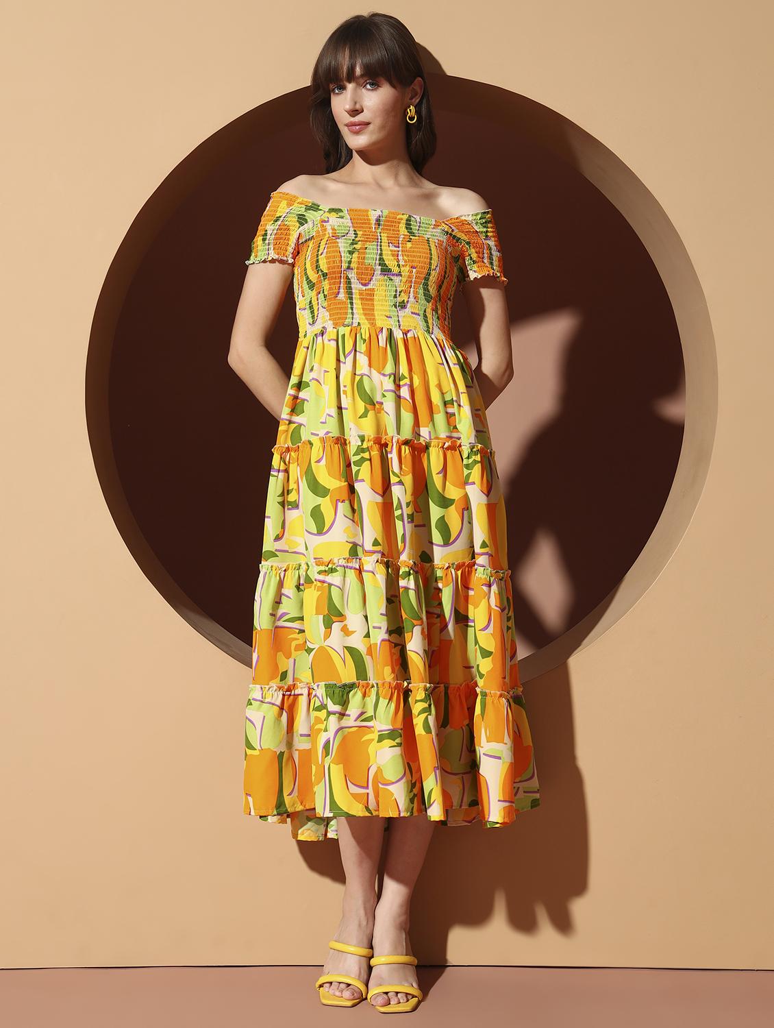 women printed off shoulder smocked detailed tiered dress - 22001285 -  Standard Image - 1