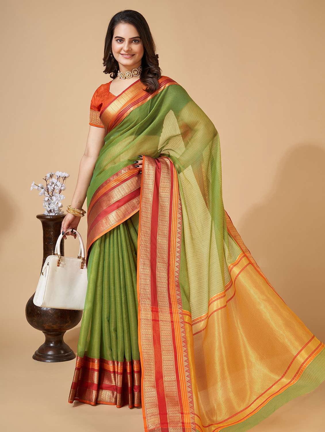 women solid with bordered kota doria saree with blouse - 22001287 -  Standard Image - 1