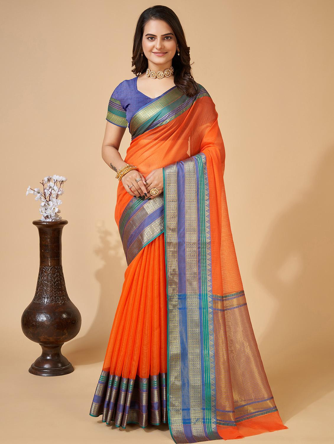 women solid with bordered kota doria saree with blouse - 22001289 -  Standard Image - 1