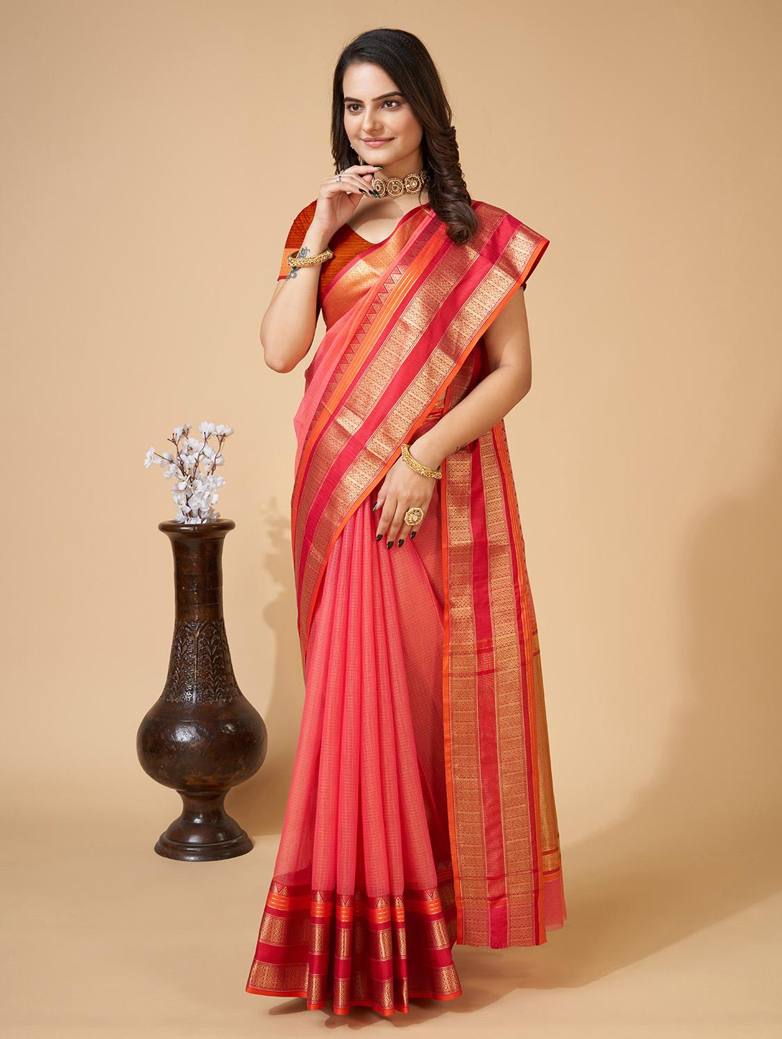 women solid with bordered kota doria saree with blouse - 22001290 - Standard Image - 1