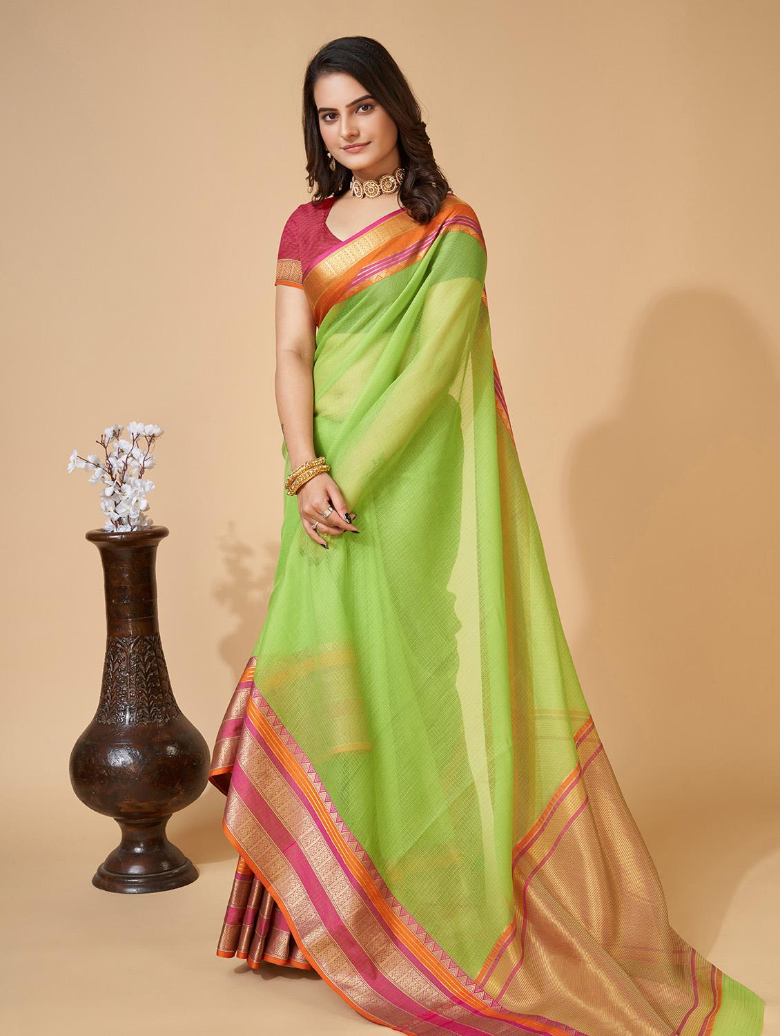 women solid with bordered kota doria saree with blouse - 22001291 -  Standard Image - 1