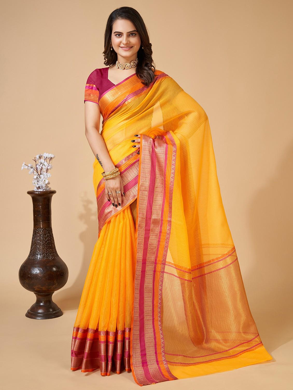 women solid with bordered kota doria saree with blouse - 22001294 -  Zoom Image - 0