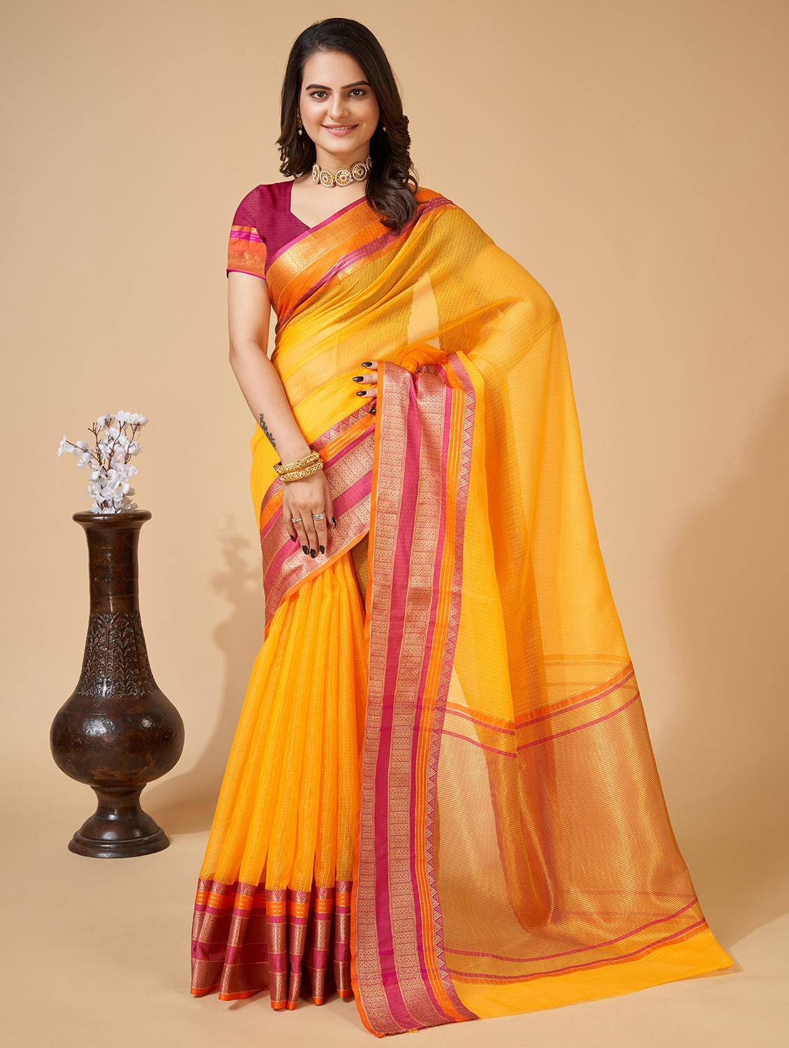 women solid with bordered kota doria saree with blouse - 22001294 -  Standard Image - 1