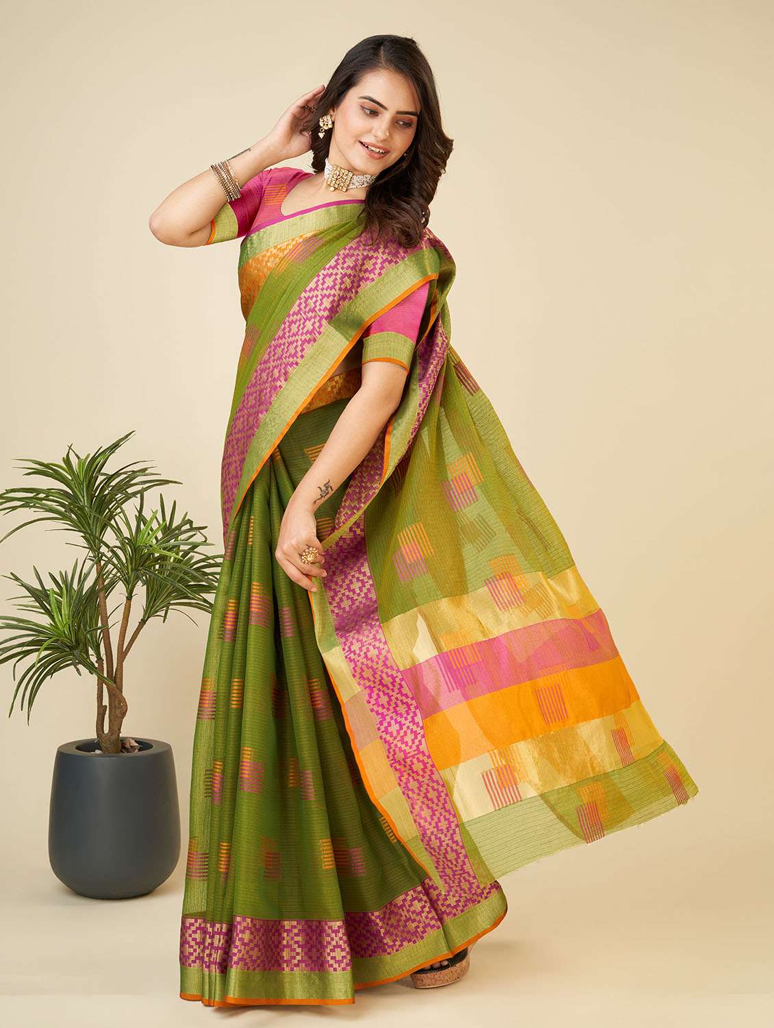 women self design kota doria saree with blouse - 22001295 -  Standard Image - 1