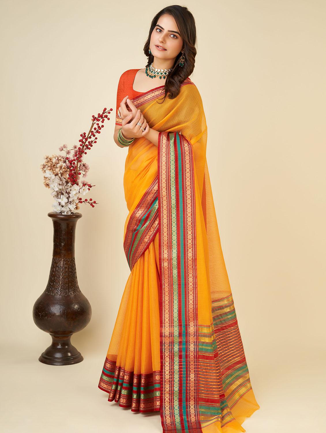 women solid with bordered kota doria saree with blouse - 22001308 - Standard Image - 1