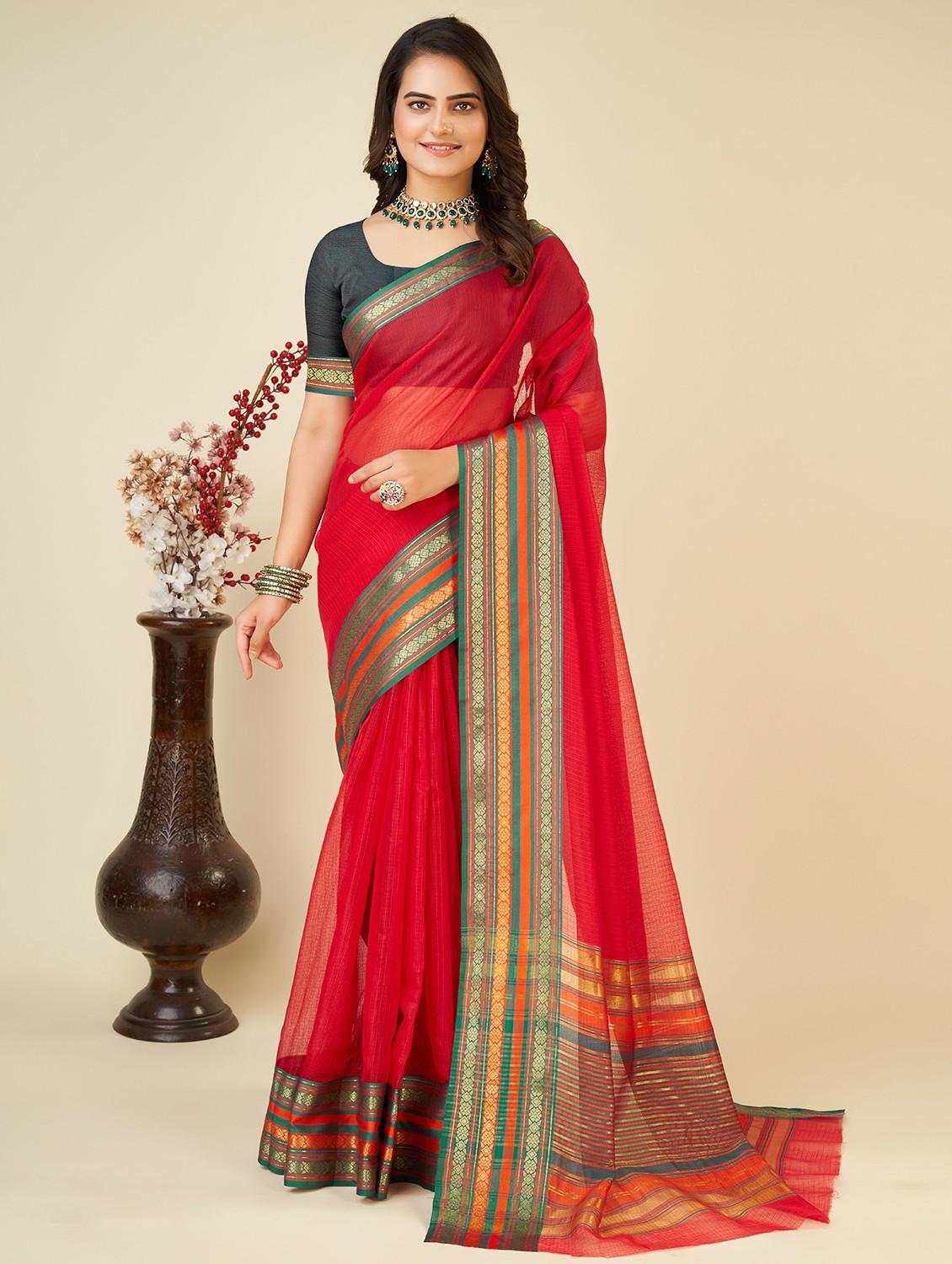 women solid with bordered kota doria saree with blouse - 22001311 -  Zoom Image - 0