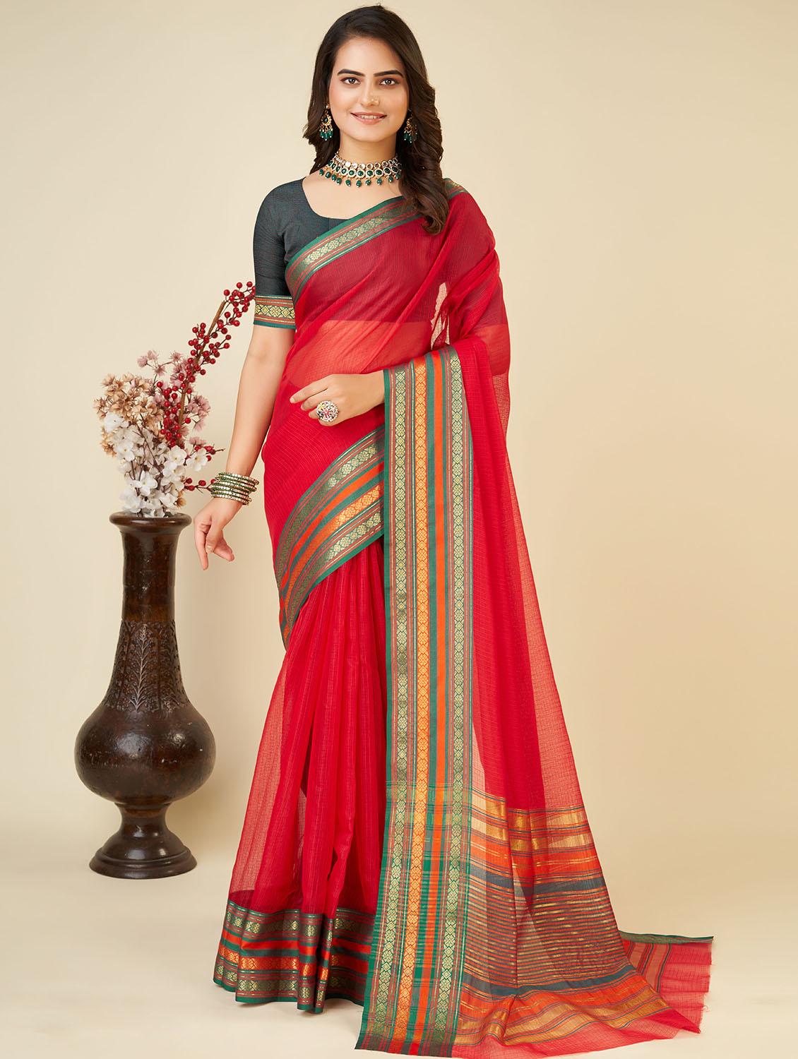 women solid with bordered kota doria saree with blouse - 22001311 -  Standard Image - 1