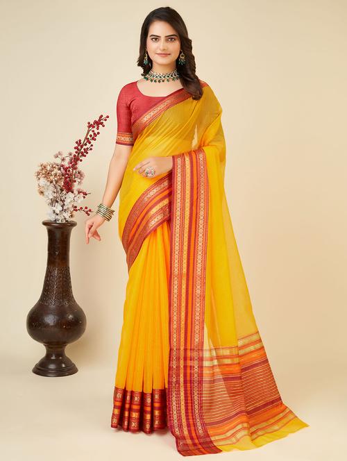 women yellow kota doria saree with blouse - 22001312 -  Standard Image - 0