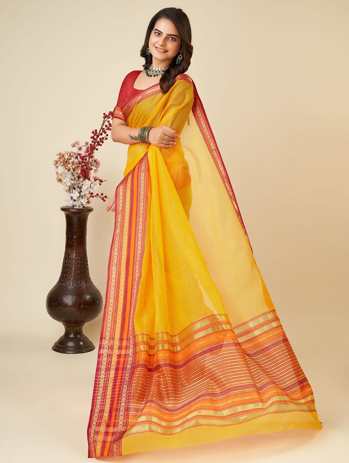 women yellow kota doria saree with blouse - 22001312 -  Standard Image - 1