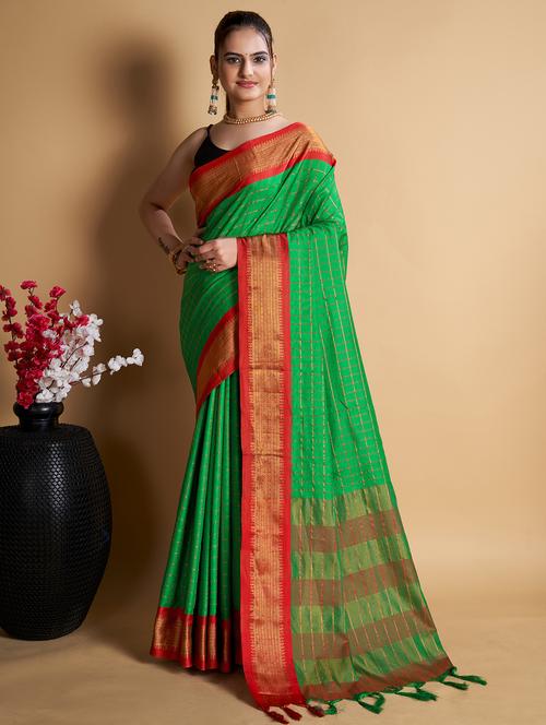women checkered bordered saree with blouse - 22001336 - Standard Image - 0