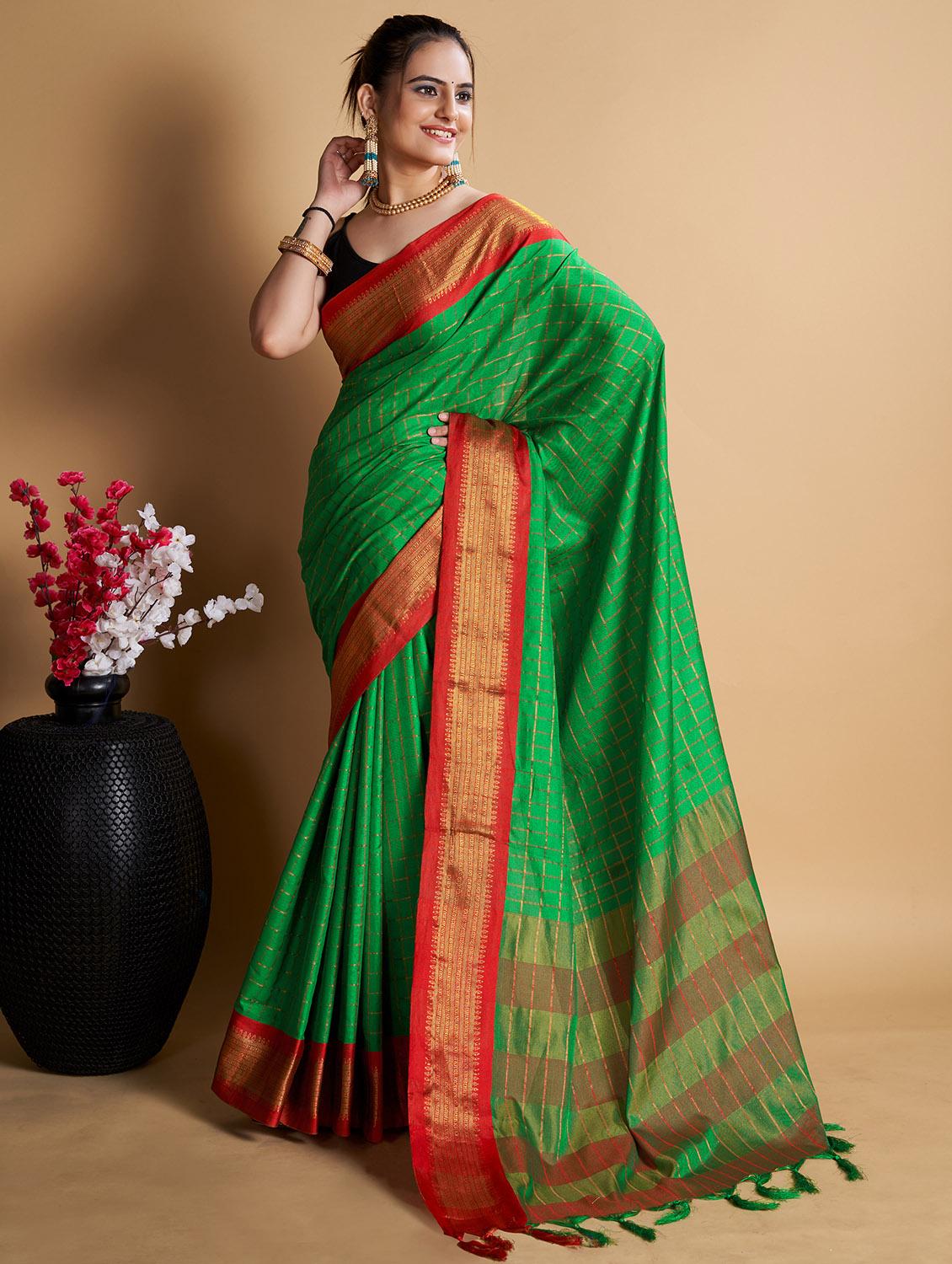 women checkered bordered saree with blouse - 22001336 - Standard Image - 1