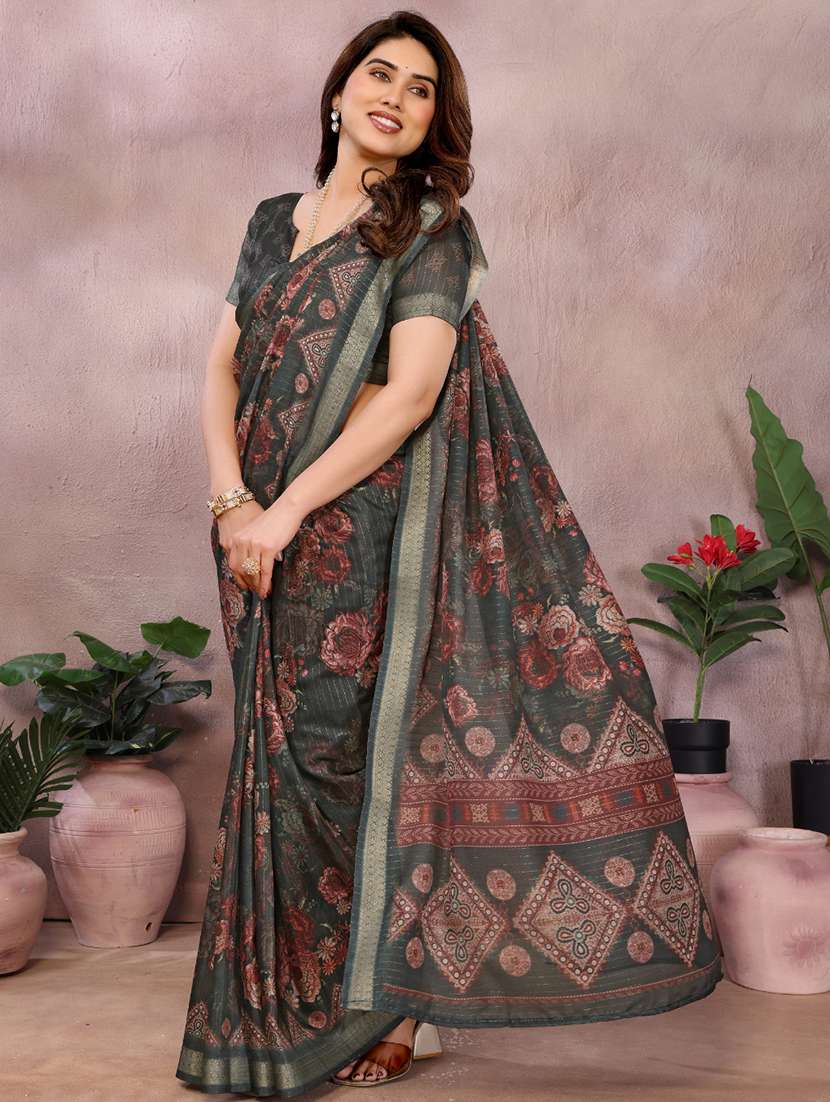 women floral printed bordered saree with blouse - 22001373 -  Standard Image - 1