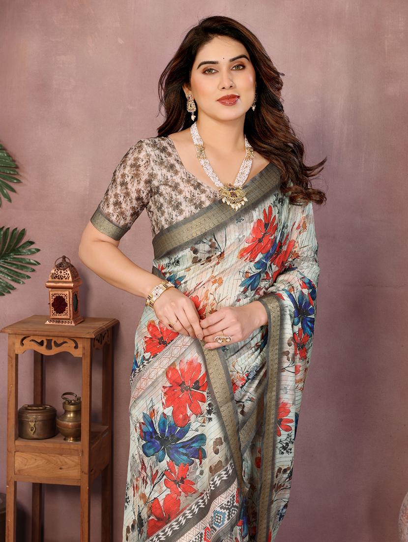 women floral printed bordered saree with blouse - 22001376 - Standard Image - 1