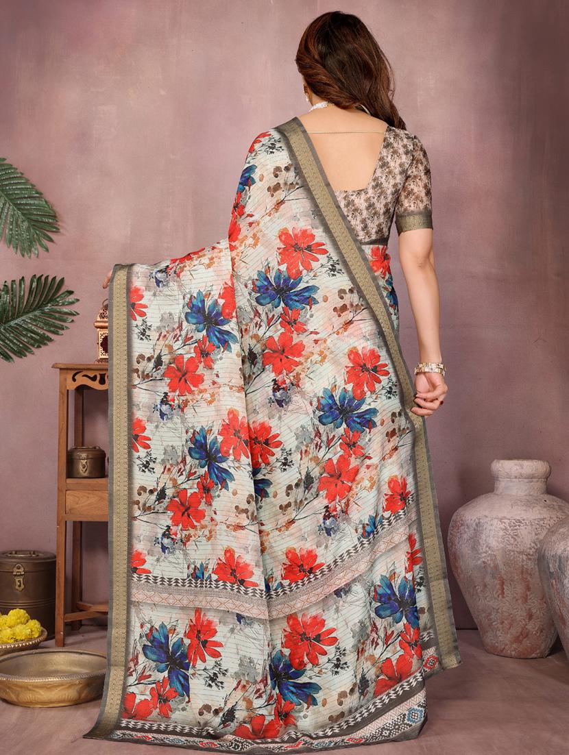 women floral printed bordered saree with blouse - 22001376 - Standard Image - 4
