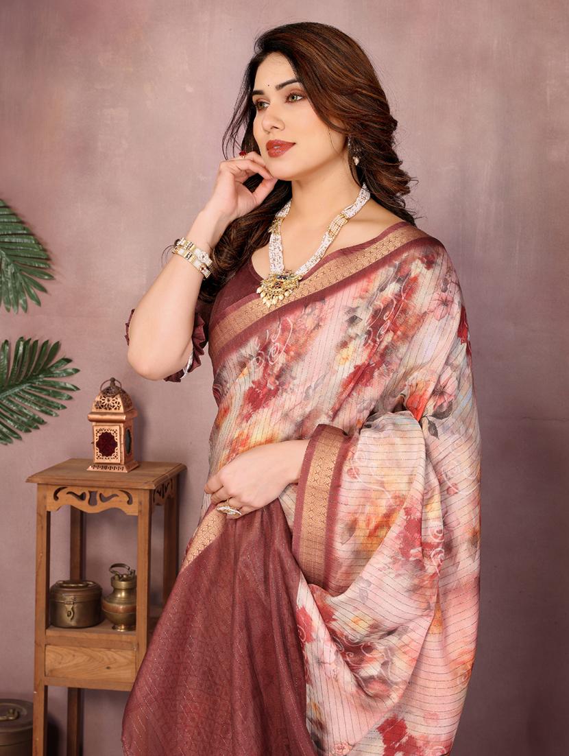 women floral printed bordered saree with blouse - 22001378 - Standard Image - 4
