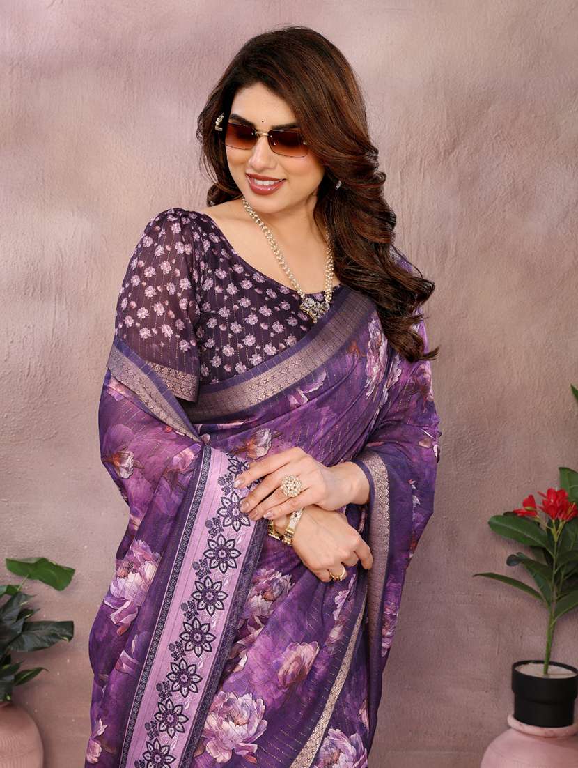 women floral printed bordered saree with blouse - 22001381 - Standard Image - 4