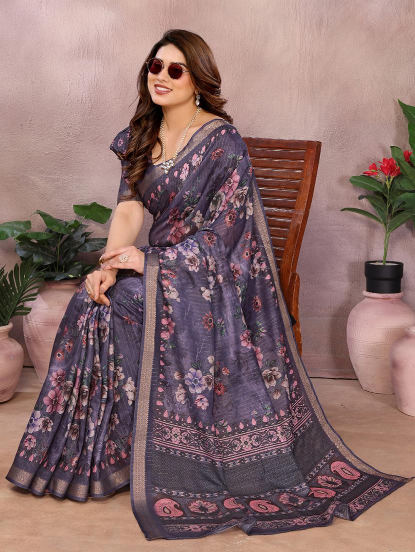 women floral printed bordered saree with blouse - 22001383 -  Standard Image - 1