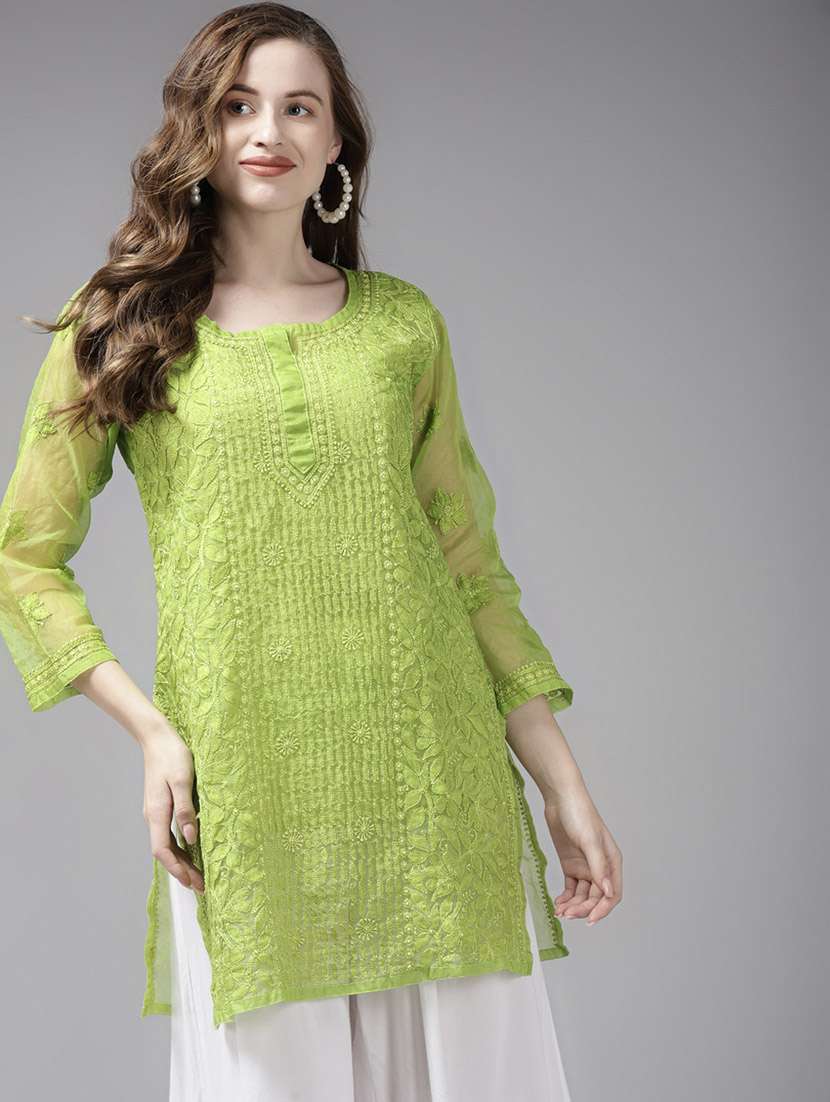 women solid with work notch neck chikanakri kurti - 22001384 -  Zoom Image - 0