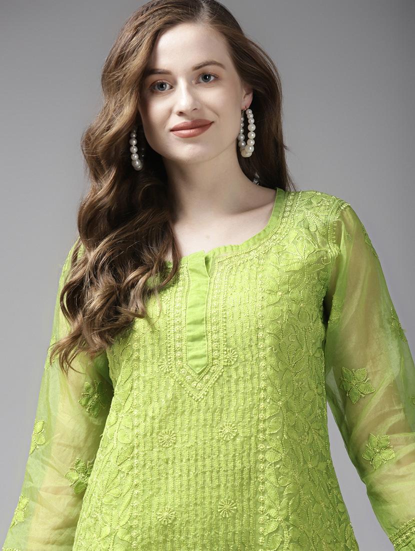 women solid with work notch neck chikanakri kurti - 22001384 - Standard Image - 4