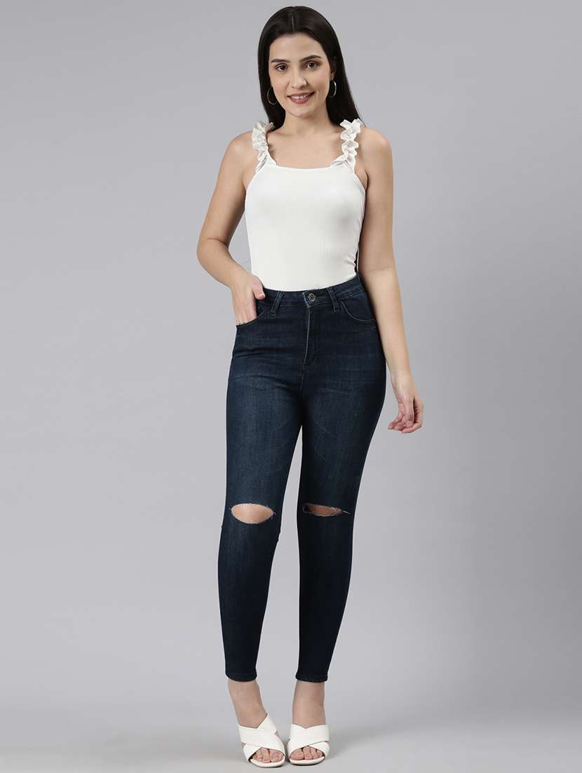 women slash knee high rise skinny jean
