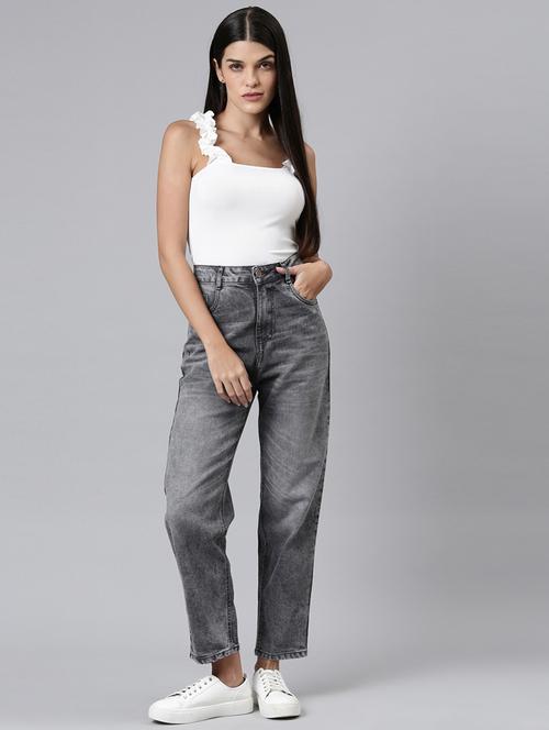 women washed high rise straight fit jean - 22001386 - Standard Image - 0