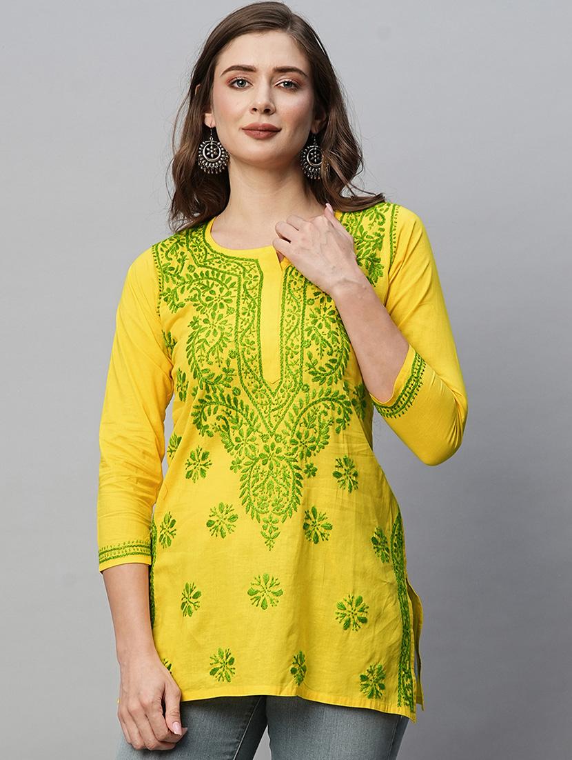 yellow cotton straight kurti - 22001478 - Standard Image - 1