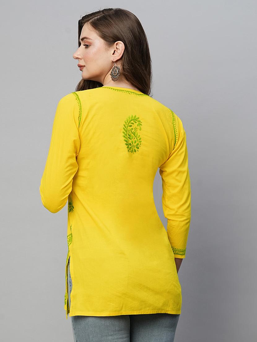 yellow cotton straight kurti - 22001478 - Standard Image - 4