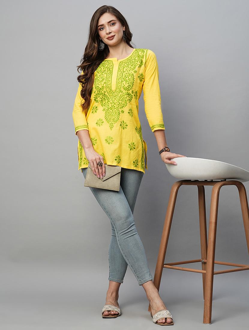 yellow cotton straight kurti - 22001478 - Standard Image - 6