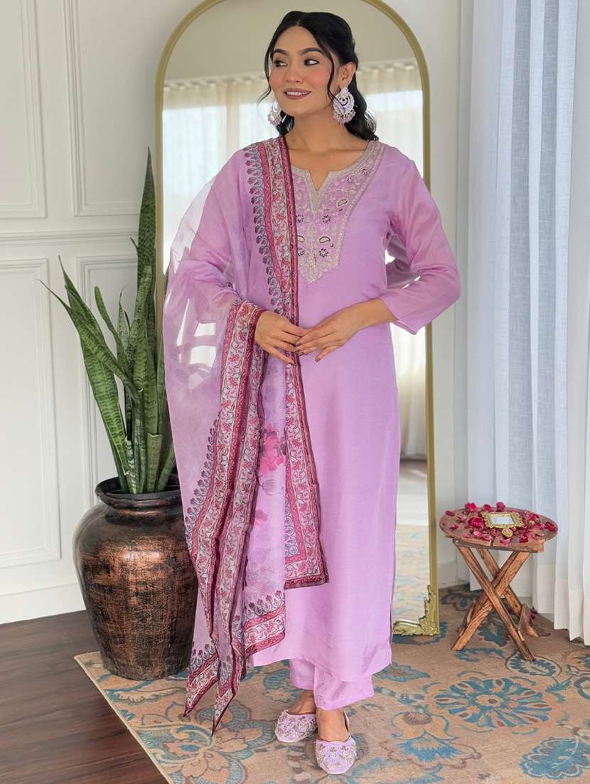 women solid with work three quarter sleeve kurta pant with dupatta set - 22001601 -  Standard Image - 1