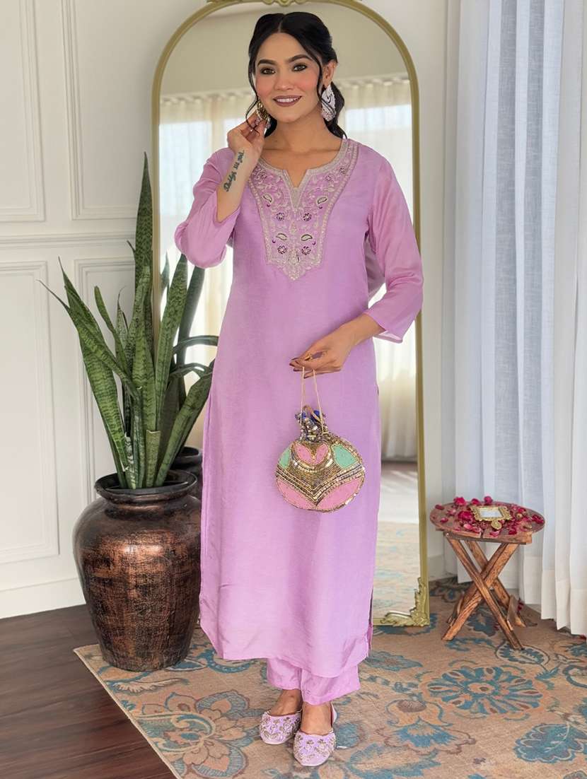 women solid with work three quarter sleeve kurta pant with dupatta set - 22001601 -  Standard Image - 4