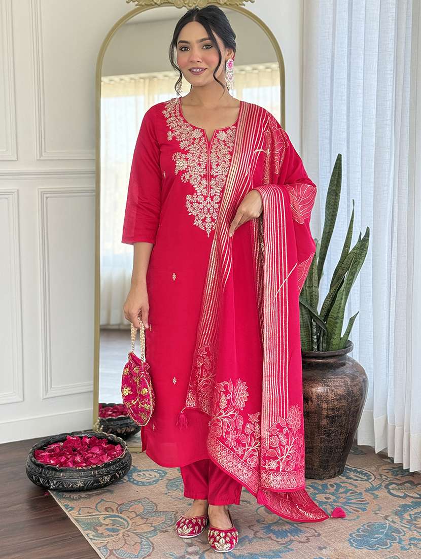 women embroidered three quarter sleeve kurta pant with dupatta set - 22001605 -  Standard Image - 4