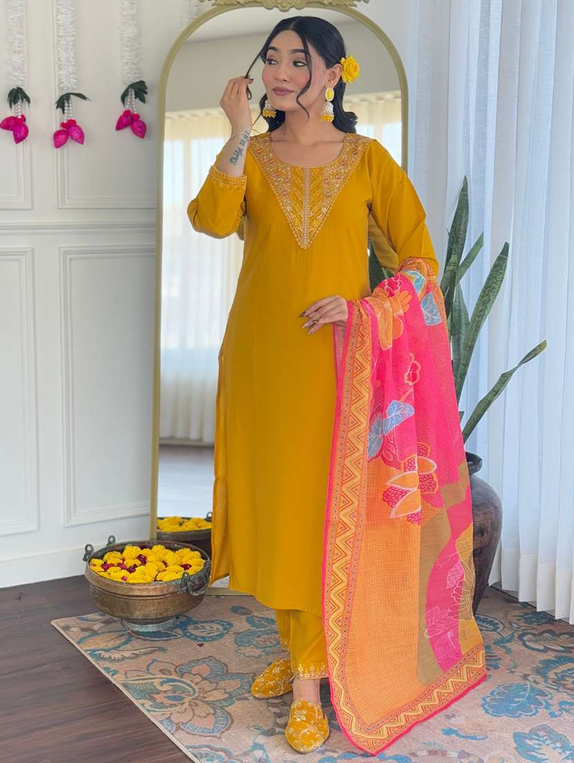 women embroidered three quarter sleeve kurta pant with dupatta set - 22001609 -  Standard Image - 1