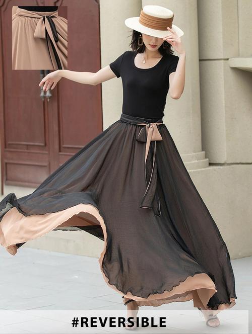 women solid high rise reversible flared maxi skirt - 22001721 - Standard Image - 0
