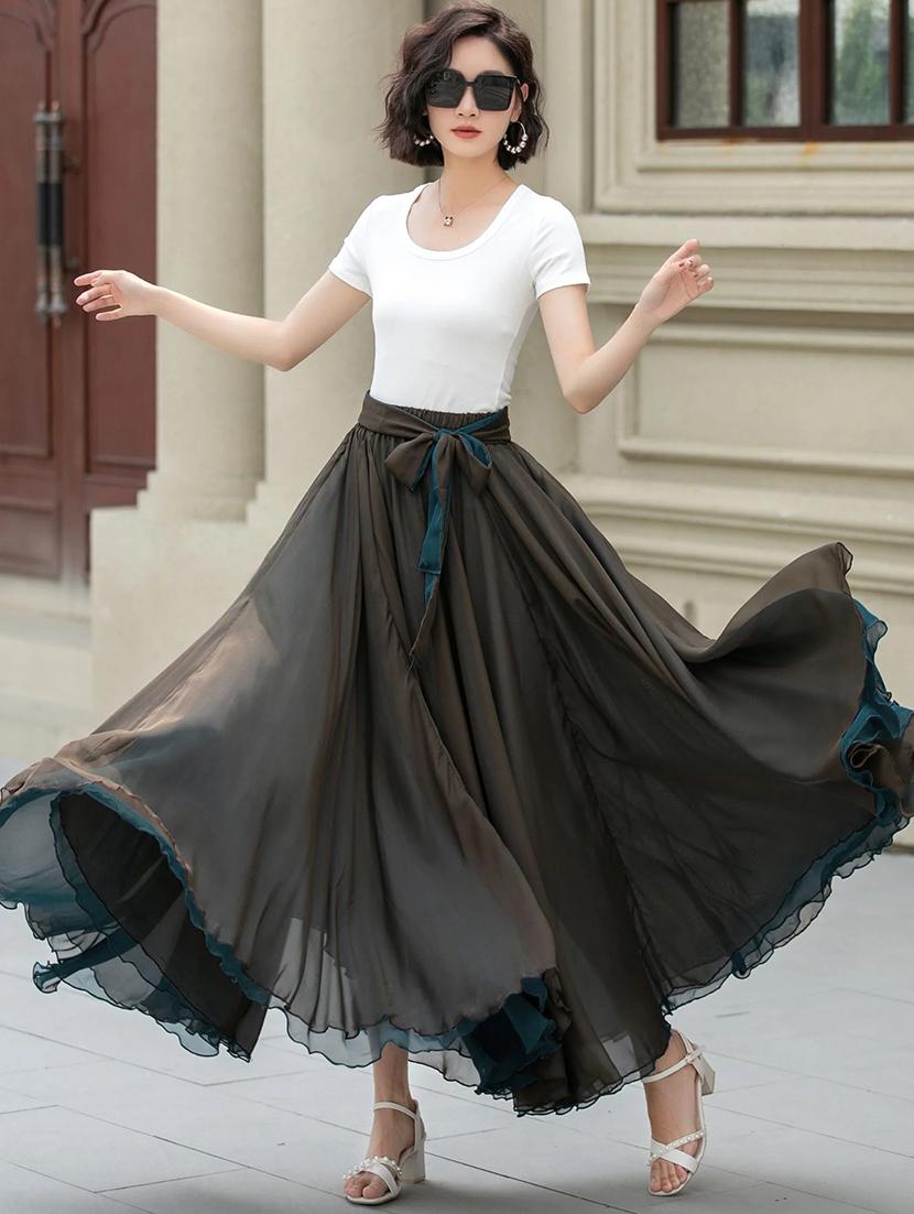 women solid high rise reversible flared maxi skirt - 22001728 -  Standard Image - 1