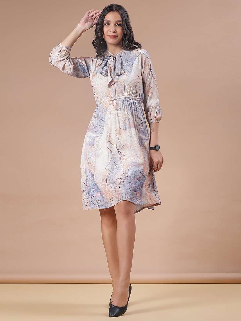 women printed three quarter sleeve a-line dress - 22001945 - Standard Image - 1