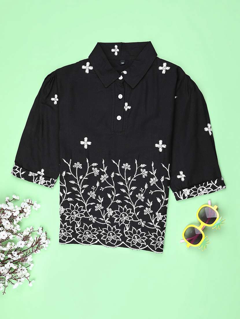 girls embroidered three quarter sleeve top