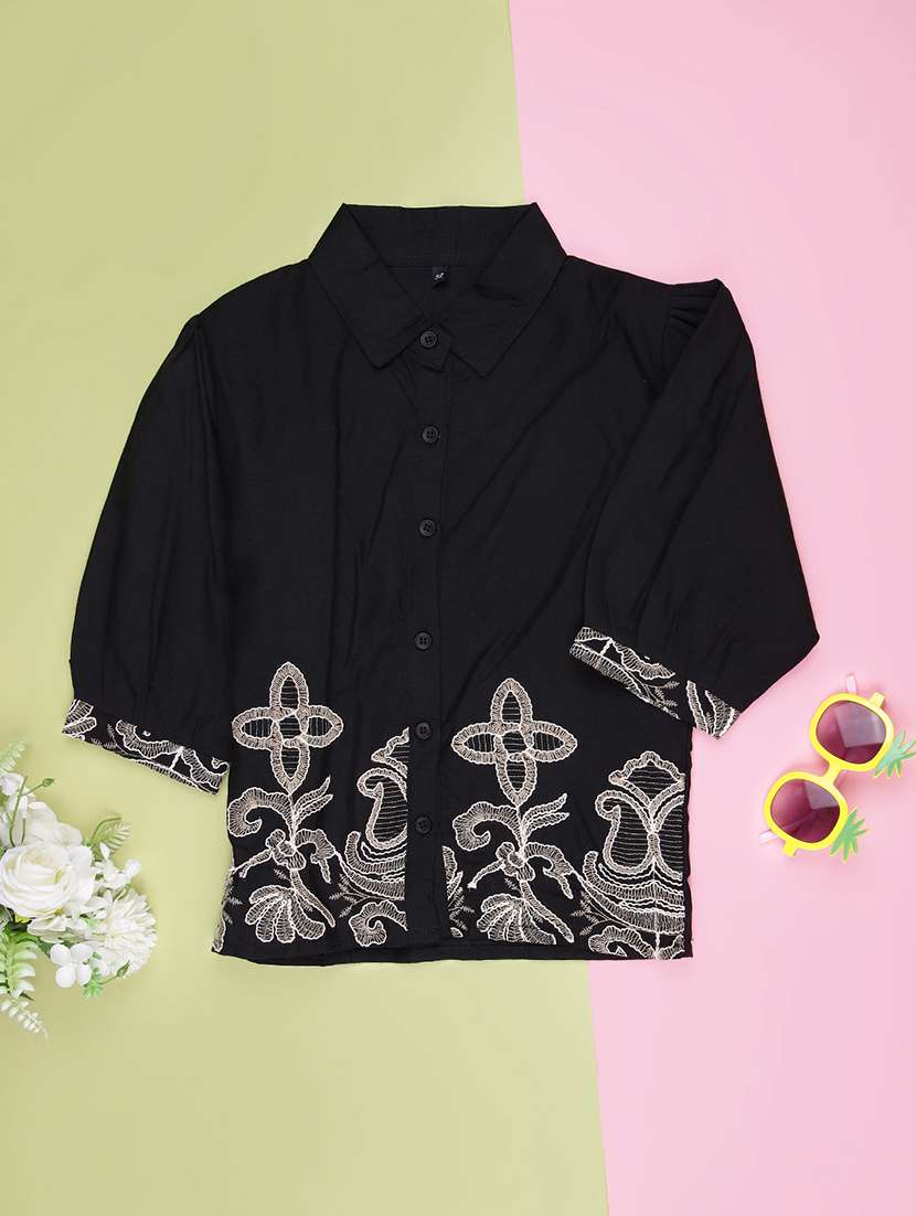 girls solid with work three quarter sleeve top
