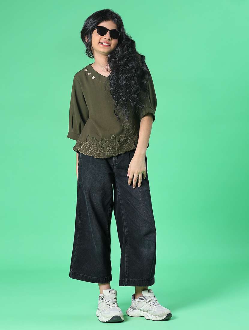 girls embroidered three quarter sleeve top - 22002251 -  Standard Image - 4