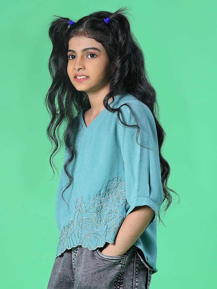 girls embroidered three quarter sleeve top - 22002253 -  Standard Image - 1