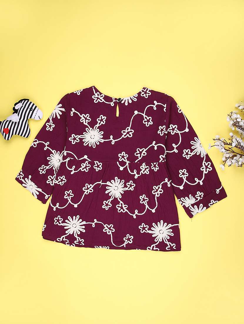 girls embroidered three quarter sleeve top - 22002308 -  Standard Image - 1