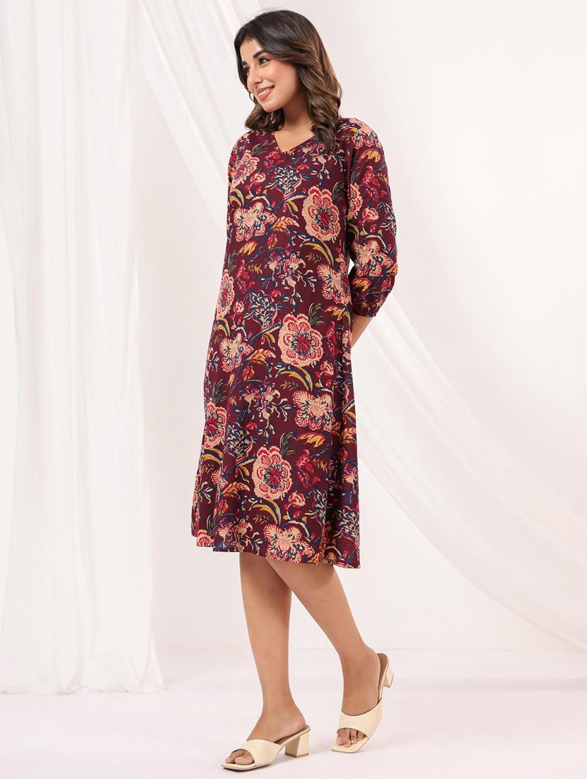 women floral print three quarter sleeve a-line dress - 22002352 - Standard Image - 1